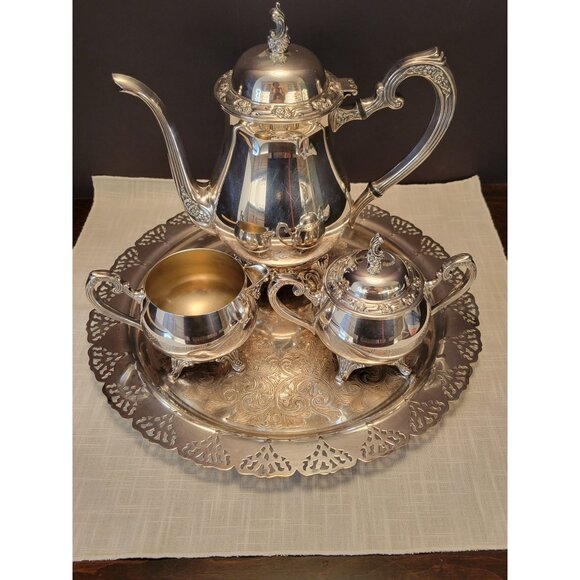 Vintage Oneida 4 Pc. Silver-Plated Tea Set W/ Ornate Home Decorators Tray - Picture 1 of 16